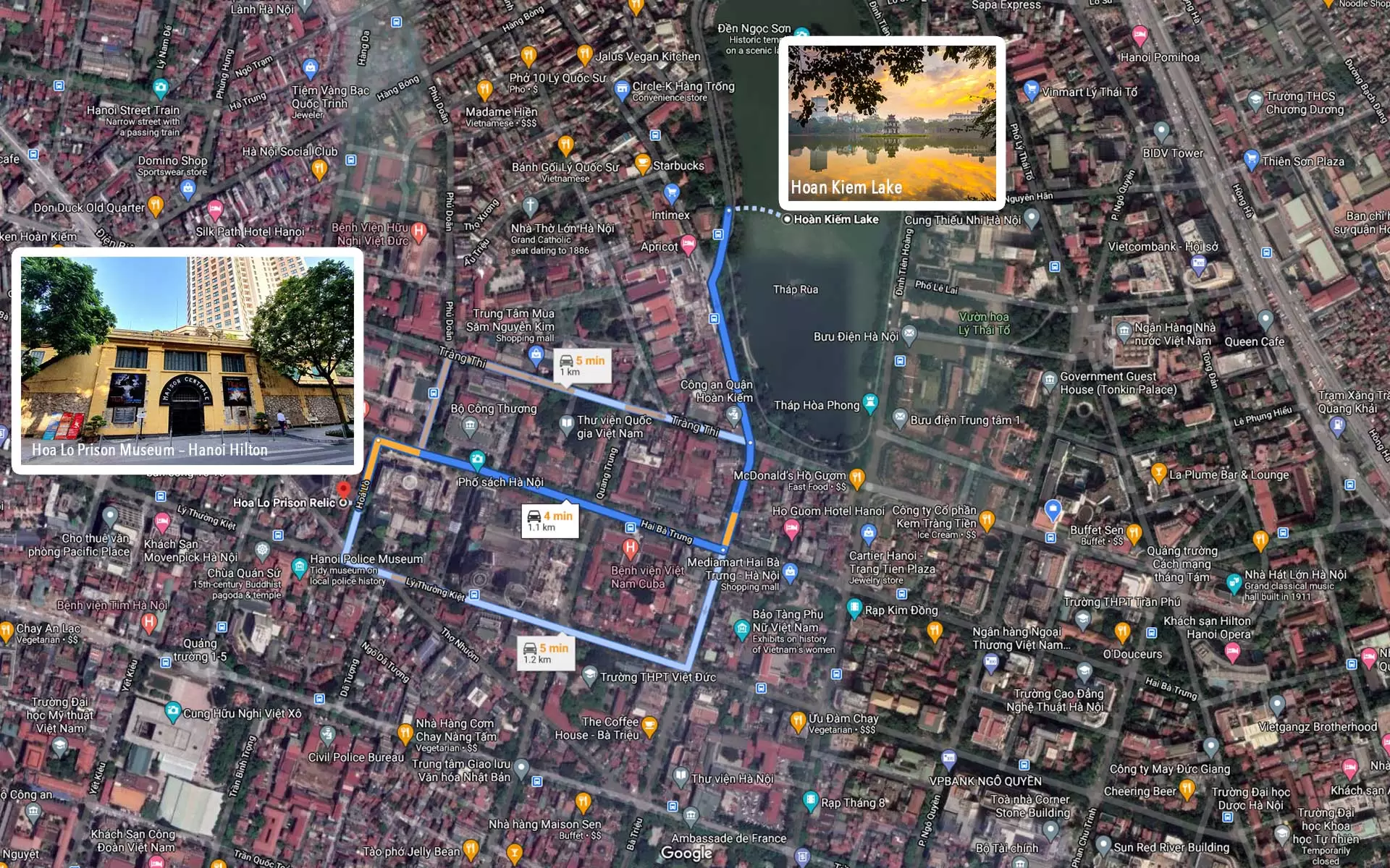 Map of Hanoi Hilton and How to get from Hoan Kiem lake to Hoa Lo Prison